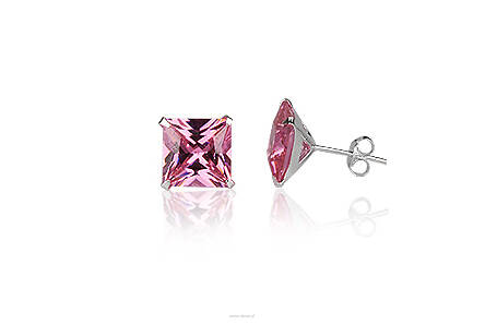 Silver earrings Pink Cubic Zirconia  Square