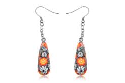 Earrings steel and FIMO Flowers orange-black