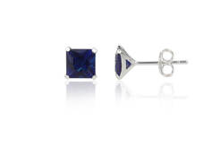 Silver earrings CZ square 6 mm navy blue