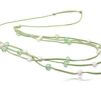 Naszyjnik ze skóry ekologicznej Zielony długi z perłami naturalnymi