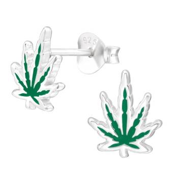 Srebrne Kolczyki Trawka Marihuana zielona sztyfty Cannabis