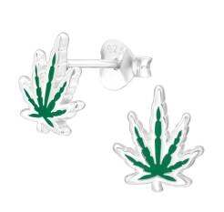 Srebrne Kolczyki Trawka Marihuana zielona sztyfty Cannabis