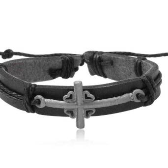 Leather bracelet black with cross