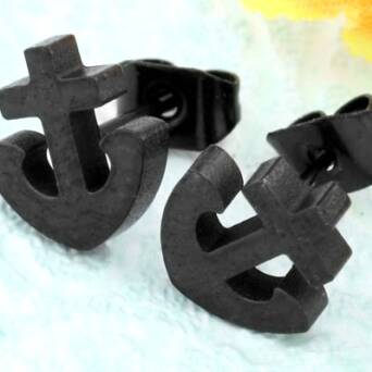 Steel earrings man stud Anchor black